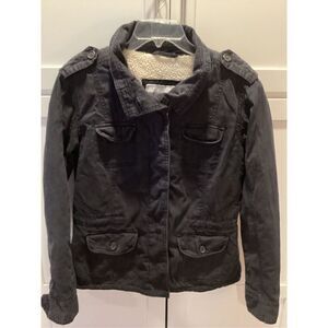 Kirra Womens Chore Field Military Button Up Jacket Sz L Muted Black Fur Lined